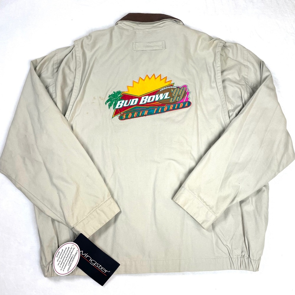 Swingster Bud Bowl 99 Jacket Cotton Men XL Beige NWT Vintage Leather Trim